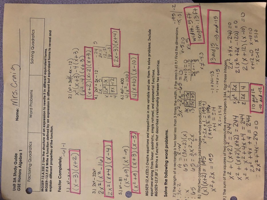 Unit 4 solving quadratic equations homework 2