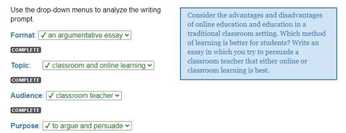 Use the drop-down menus to analyze the writing prompt. format: